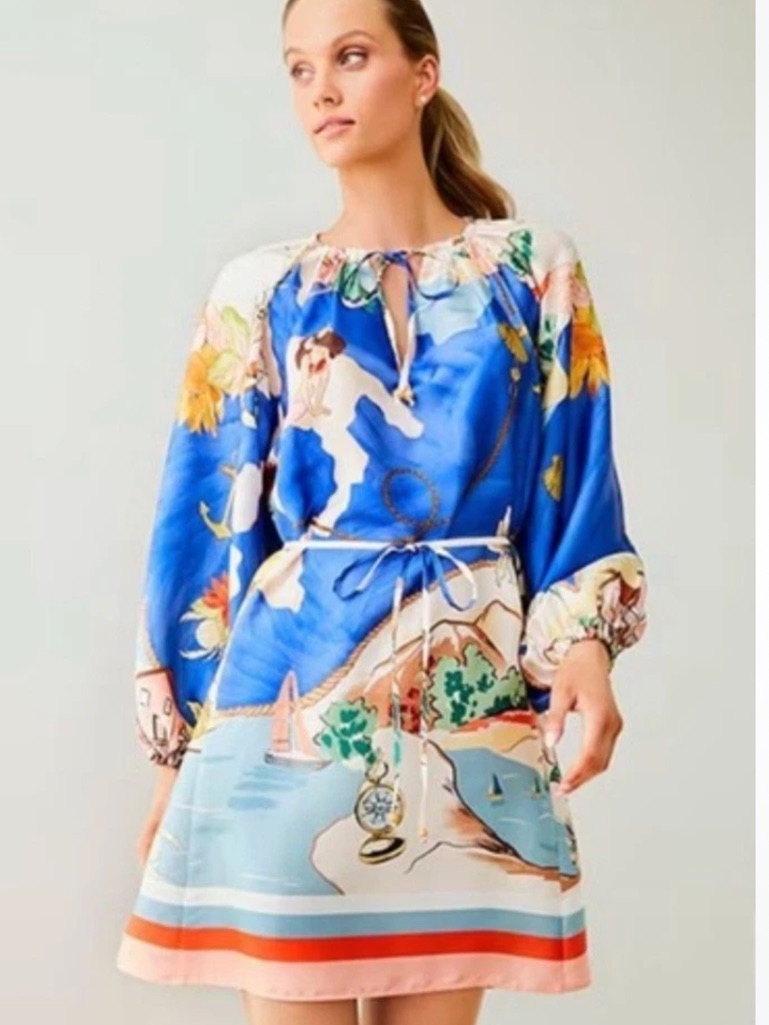 Antonio Melani Mini Dress S Blue Satin Raffaella Belted Floral Tropical